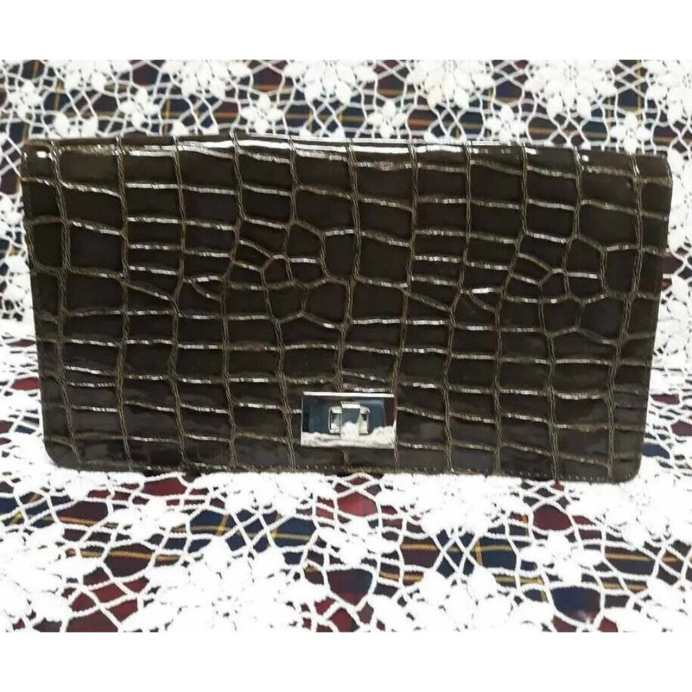Clutch Handbag Brown Crocodile Embossed Flap Turnlock Medium Vintage Glamour
